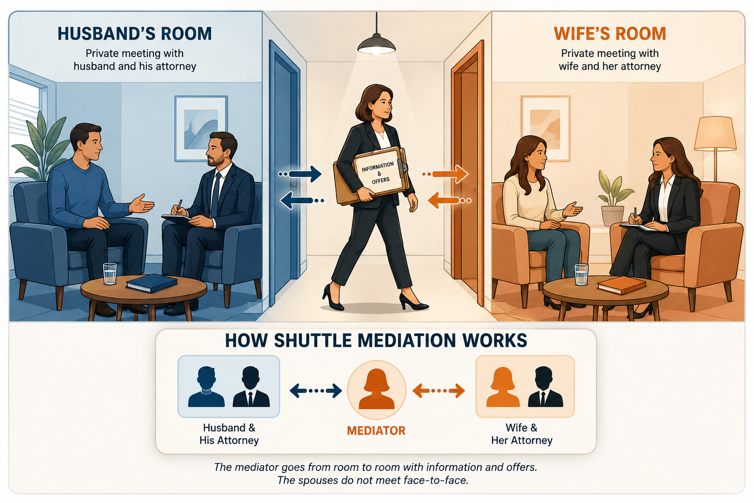 How family mediation works: the husband and his attorney in one room, the wife and her attorney in another, and the mediator moving between the two rooms with information and offers. The spouses do not meet face to face.