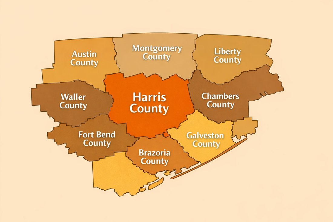 Map of Harris County highlighted at the center with its contiguous counties: Austin, Montgomery, Liberty, Waller, Chambers, Fort Bend, Brazoria, and Galveston