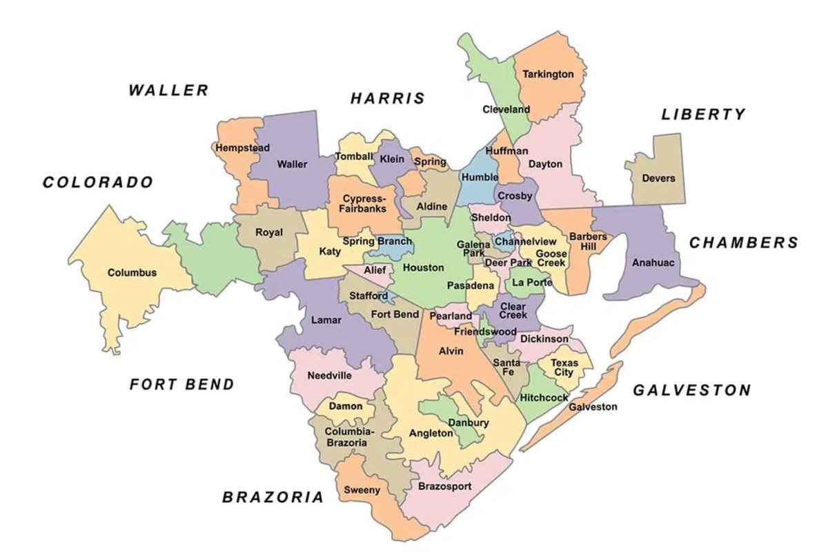 Map of Houston-area school districts across Harris, Fort Bend, Brazoria, Galveston, Waller, Chambers and Liberty counties