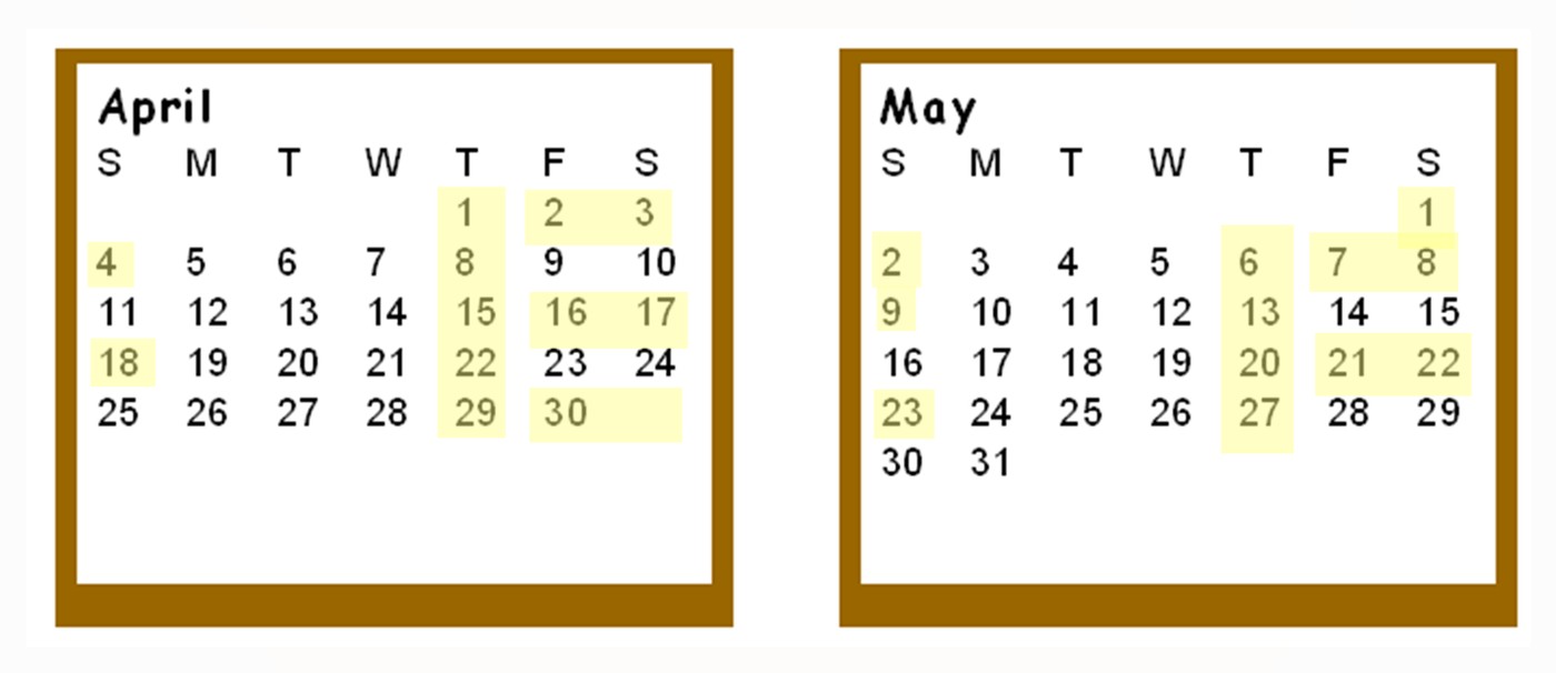 Example calendar for April and May 2027 showing a parent's Standard Possession Order weekends beginning on the 1st, 3rd, and 5th Fridays plus every Thursday during the school term
